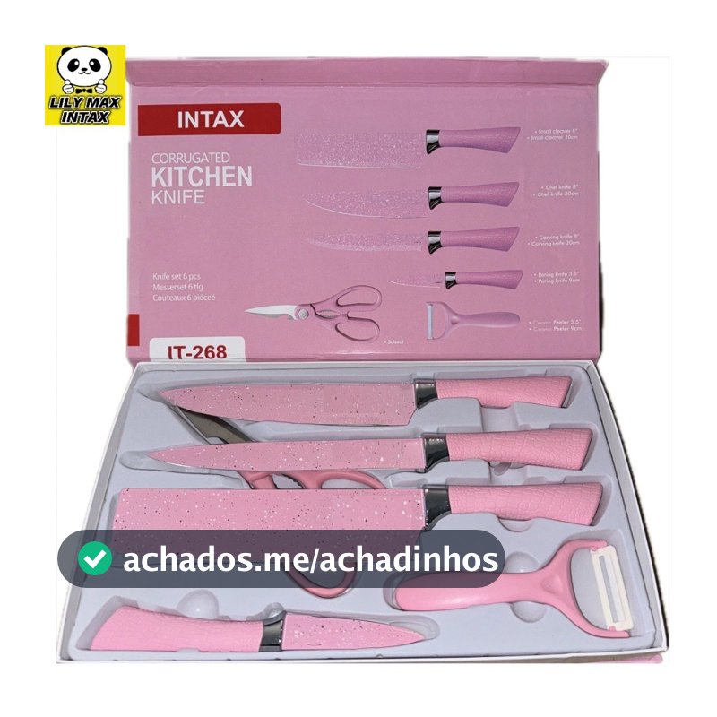 Jogo De Facas Inox Descascador E Tesoura 6 Peças Rosa