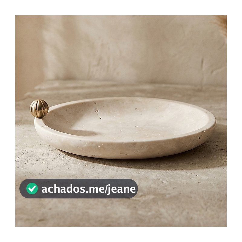 Bandeja Decorativa Mármore Travertino com Metal Dourado 25x5,5cm Luxo