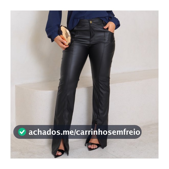 Calça Feminina Couro Fake Pantalona Fenda Frontal E Bolsos