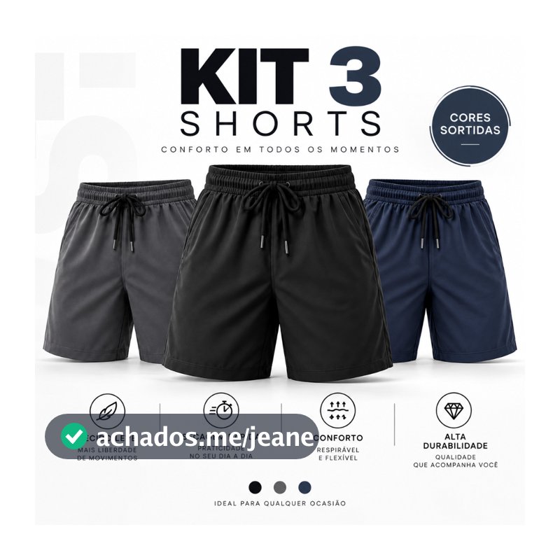 KIT 3 Bermudas Masculinas Tactel com Elastano Shorts Esportivo Secagem Rápida