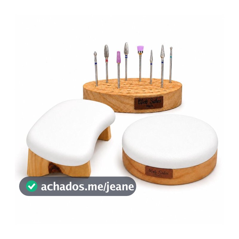 Kit Apoio de Mão Manicure Semi-Curvo Rústico + Apoio de Cotovelo + Suporte Organizador Brocas Web Sales Nails