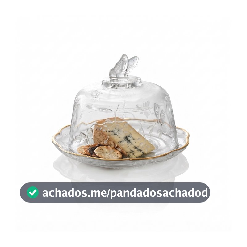 Queijeira de Cristal com Tampa Lyor New Butterfly Fio de Ouro 19cm Mesa Posta Servir Queijo Frios Presente Luxo Elegante