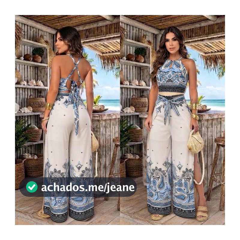 Conjunto Calça Envelope Pantalona Forrada Cropped Com Bojo Estampada