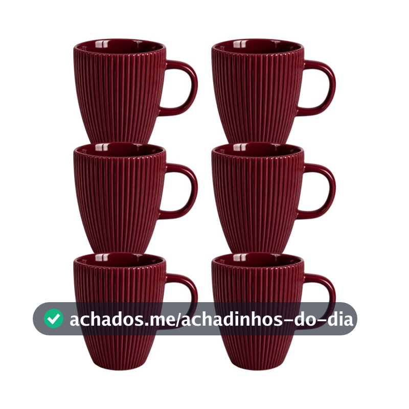Kit 6 Caneca Canelada Porcelana Bordô 250 ml Para Café Chá Leite Cappuccino Mesa Posta Cozinha Restaurante