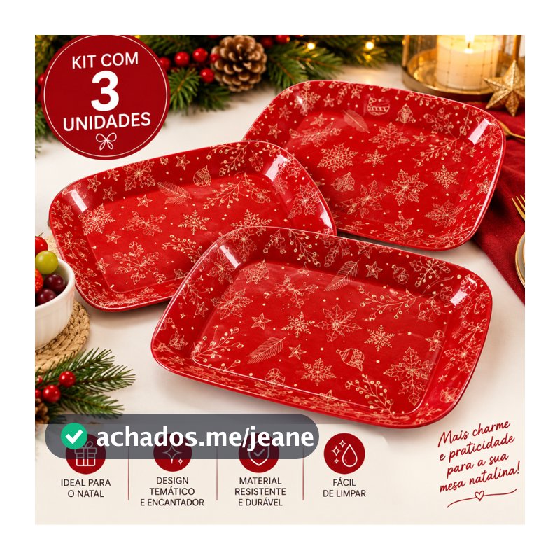 Kit 3 Pratos Natalinos Vermelho Decorado Mesa Posta Petiscos Sobremesa Rabanada Natal