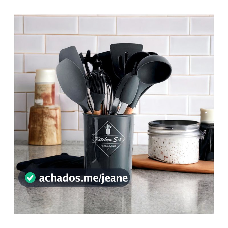 Jogo de Cozinha Kit 12 Peças de Silicone de Alta Resistência e Cabo de Madeira - Tamanho Grande