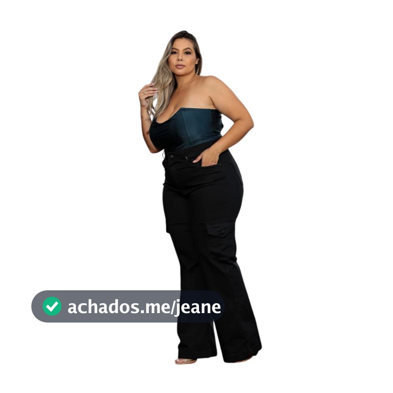 Calça Jeans Feminina Wide Leg Plus Size Preta com Bolso Cargo – Tamanhos 46 ao 60