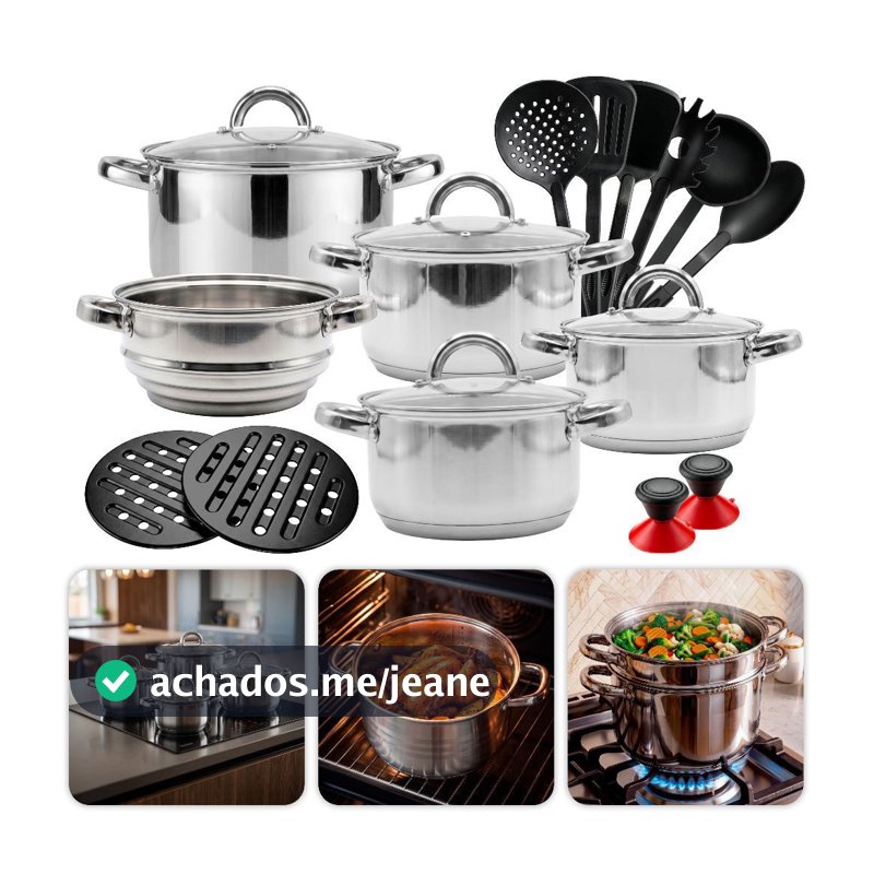 Jogo de Panelas 19 Peças Em Aço Inoxidável Genebra + Acessórios Fundo Grosso Para Forno Indução e Gás