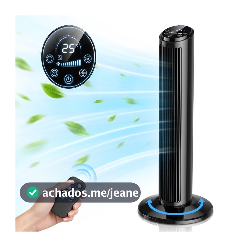 Ventilador de torre silencioso com controle remoto, tela LED, 3 velocidades de vento, 60 Hz, Oscilação de cerca de 70°