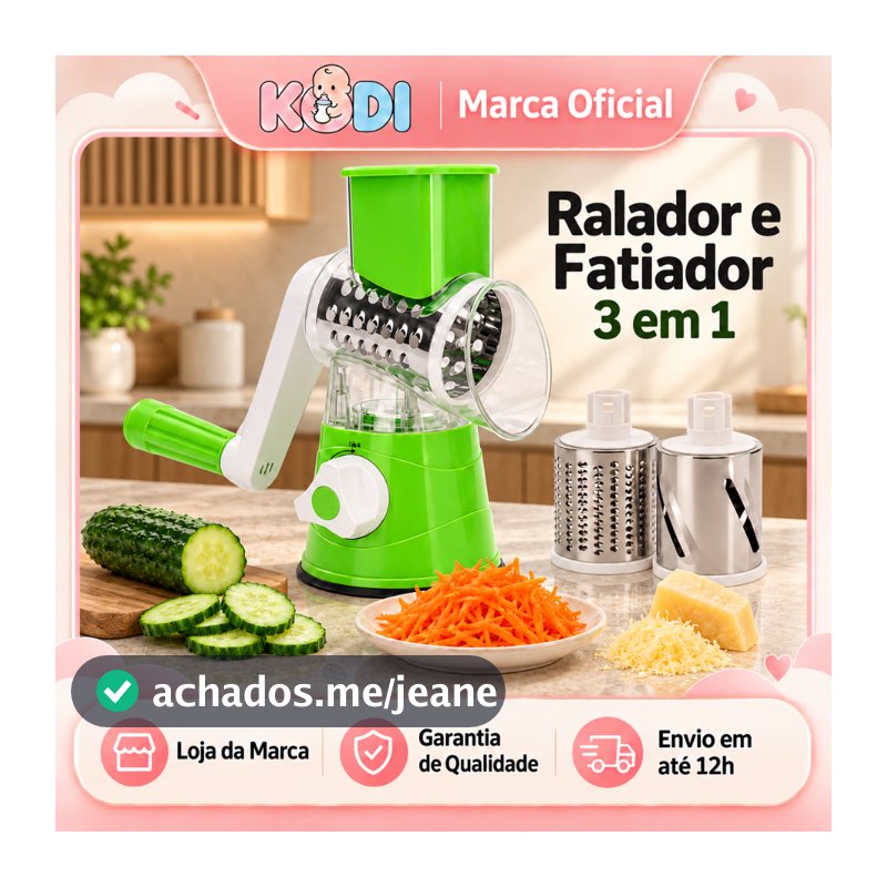 Ralador e Fatiador Manual 3 em 1 com Ventosa para Legumes, Verduras e Queijos - 3 Cilindros
