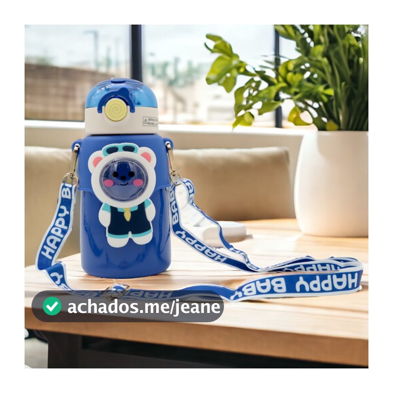Garrafa Térmica Infantil Canudo de Silicone Aço Inox 500ml Quente ou Frio Tema Bichinhos Com Alça e Trava de Segurança C