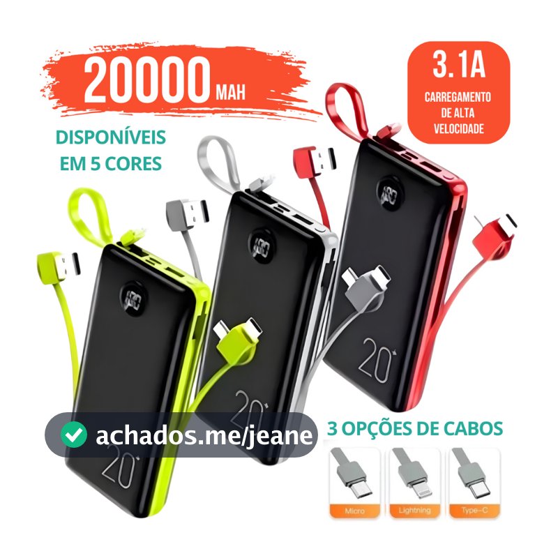 Carregador Portátil Bateria Power Bank 20000mah com visor na tela 3.1a alta velocidade de carga
