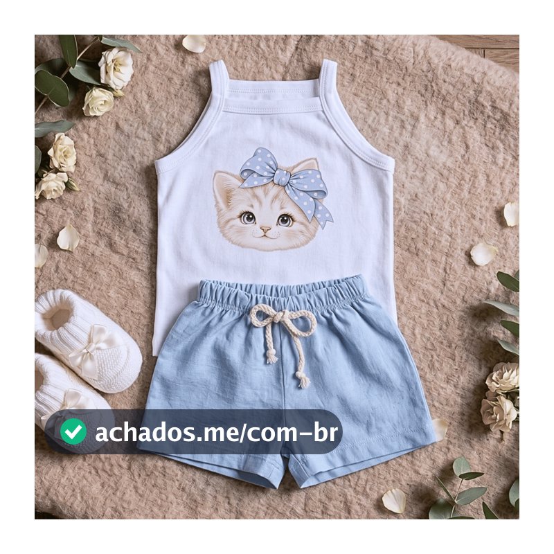 Conjunto Infantil Menina Body Estampado Gatinho + Short Linho Azul