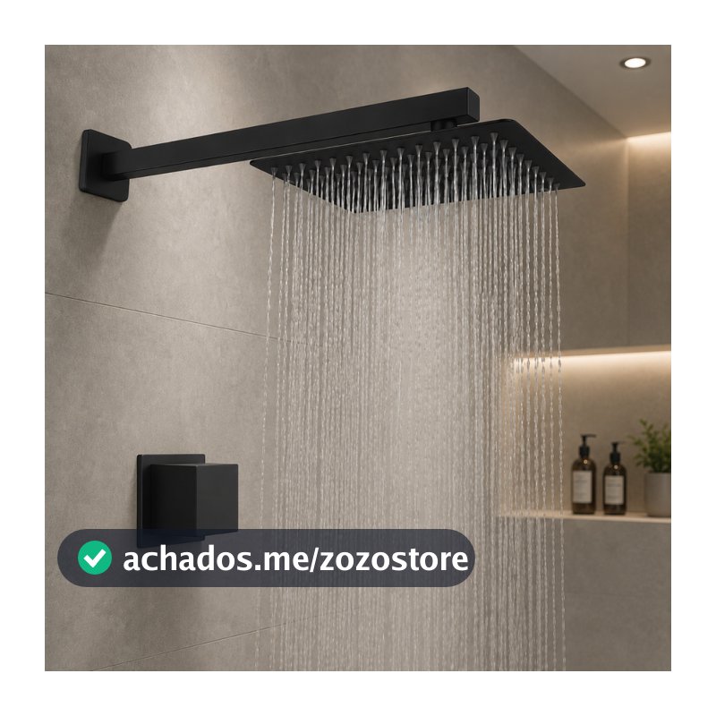 kit Chuveiro Inox Quadrado 20x20 Preto Articulado com Acabamento para Banheiro, Piscina Área Externa