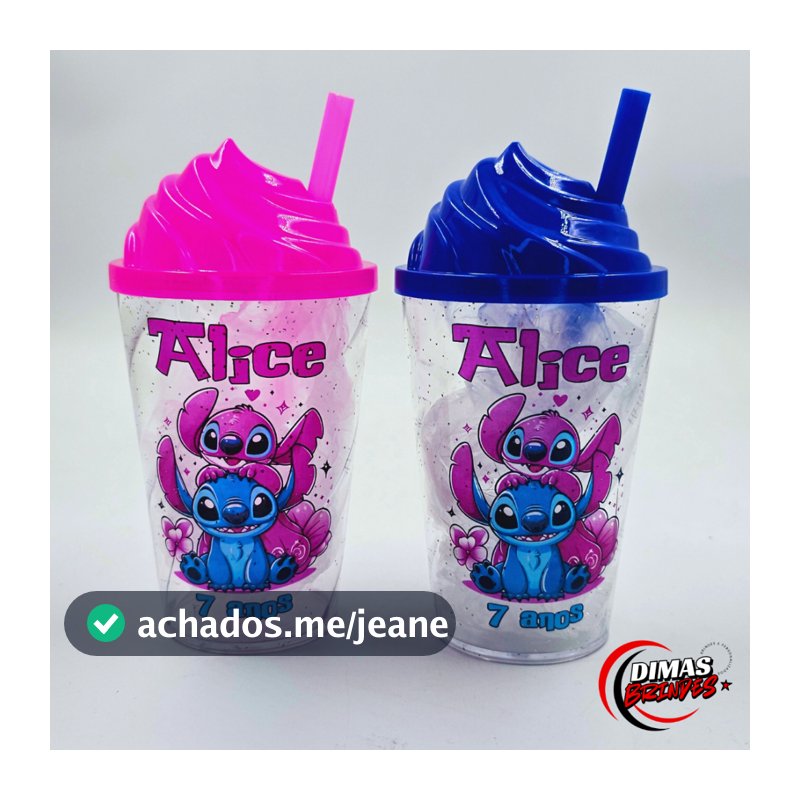 Copo Twister 300ml Personalizado com Tampa e Canudo – Stitch e Angel | Qualquer Tema