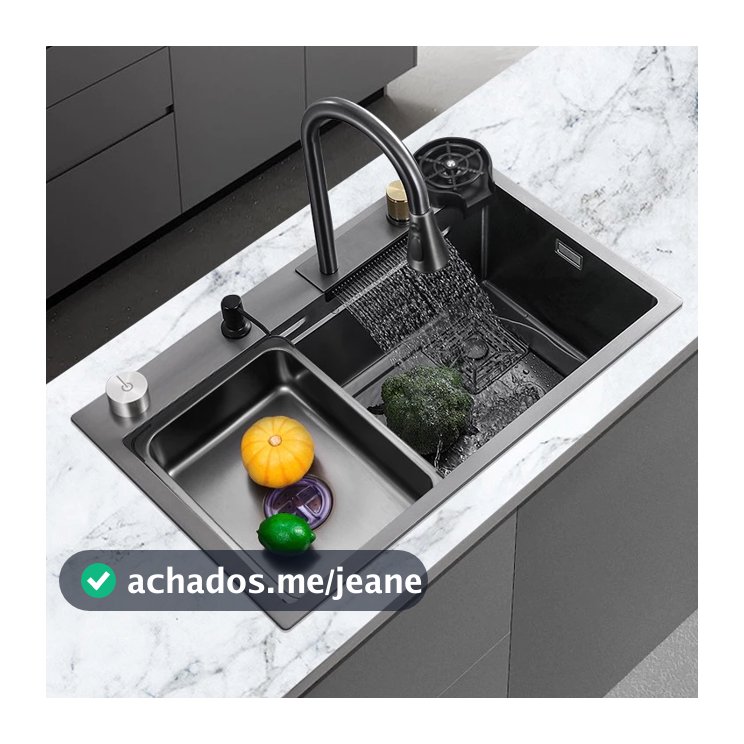 Kit Deluxe Aço Inoxidavel 304 Kitchen Cuba Gourmet Premium Cascata Lavador Copos Torneira Completa
