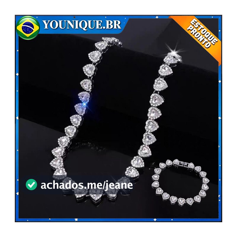 Conjunto requintado de colar e pulseira em aço titânio adornado com corações de zircônia banhados a prata Joias feminina