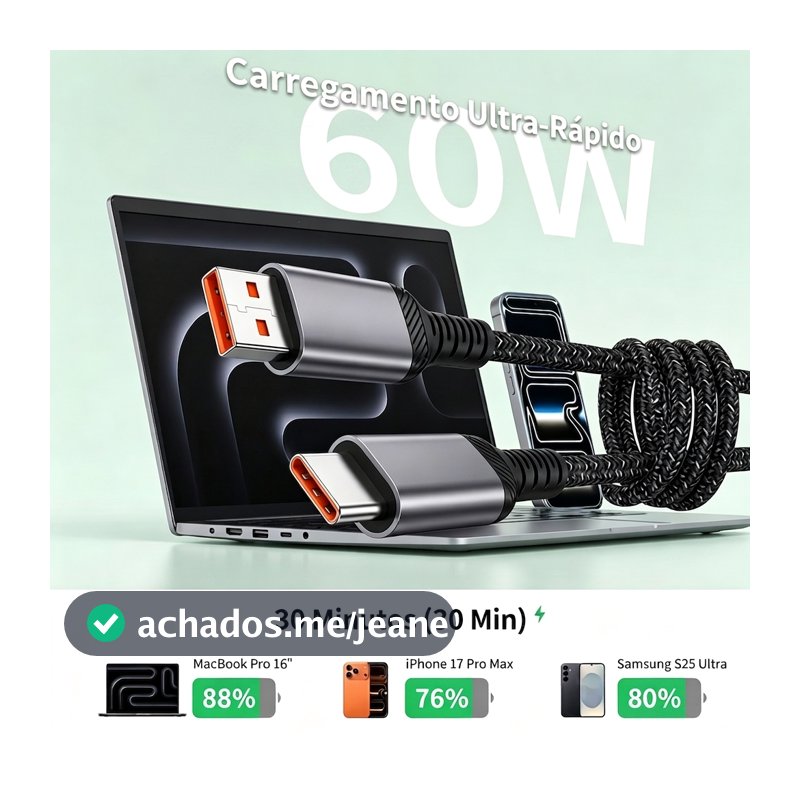 Cabo USB para Tipo‑C 1 Metro Trançado Preto e Branco Carregamento Rápido