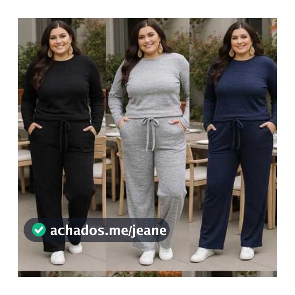 Conjunto Plus  Calça Pantalona com bolso e Blusa Manga Longa Tecido Lanzinha ribi