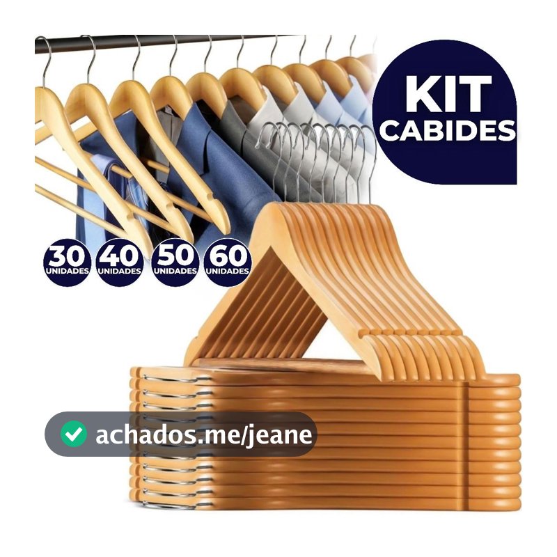 Kit 30/40/50/60 Cabides De Madeira Premium Marfim Para Roupas Calça Gancho Cromado