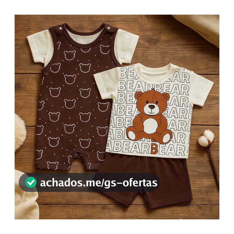 Macacão para bebê menino Bear Marrom Ursinho Kit Macacão e Camiseta ou Conjunto