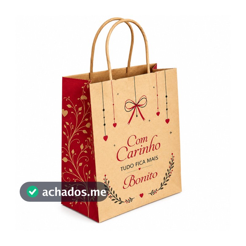 Sacola Kraft Estampada Com Carinho Tudo Fica Mais Bonito – Embalagem Presente, 10 ou 50 Unidades
