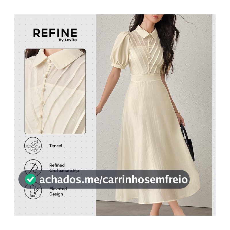 (Refine by Lovito) Vestido Social Tencel Leve Respirável Pregas OffWhite Trabalho DRR42P1D070