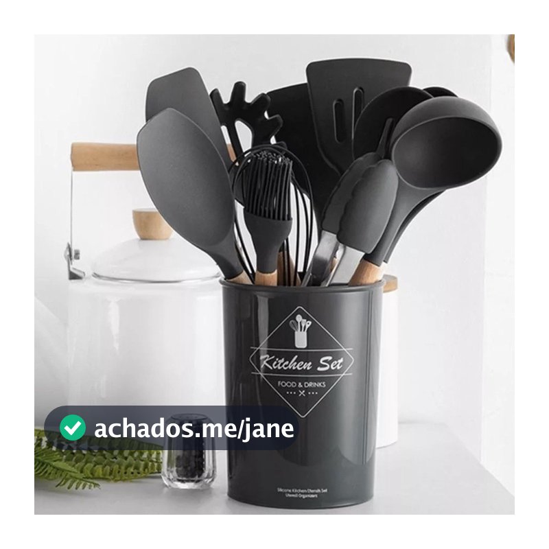 Jogo de Cozinha Kit C/12 Peças de Silicone, Utensílios e Copo Suporte para Cozinha Cabo de Madeira