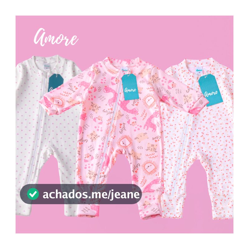 3 Macacões Bebê Amore Mais Vendidos Vira Pé Zíper Menina Algodão