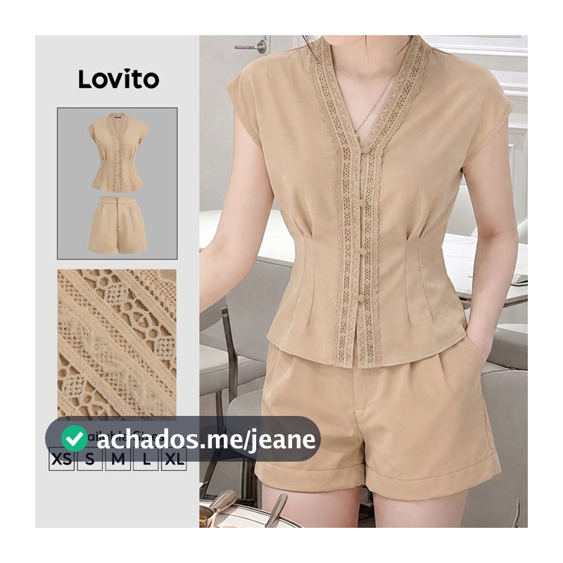 Lovito Conjunto de Shorts Casuais Botão Primavera/verão Conjunto de Shorts Cáqui para mulheres SHK8P1D536