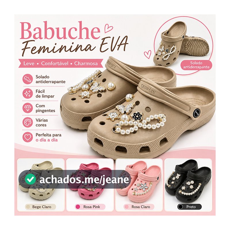 Babuche Feminina EVA com Pingentes e Corrente Leve Confortável Antiderrapante para Dia a Dia