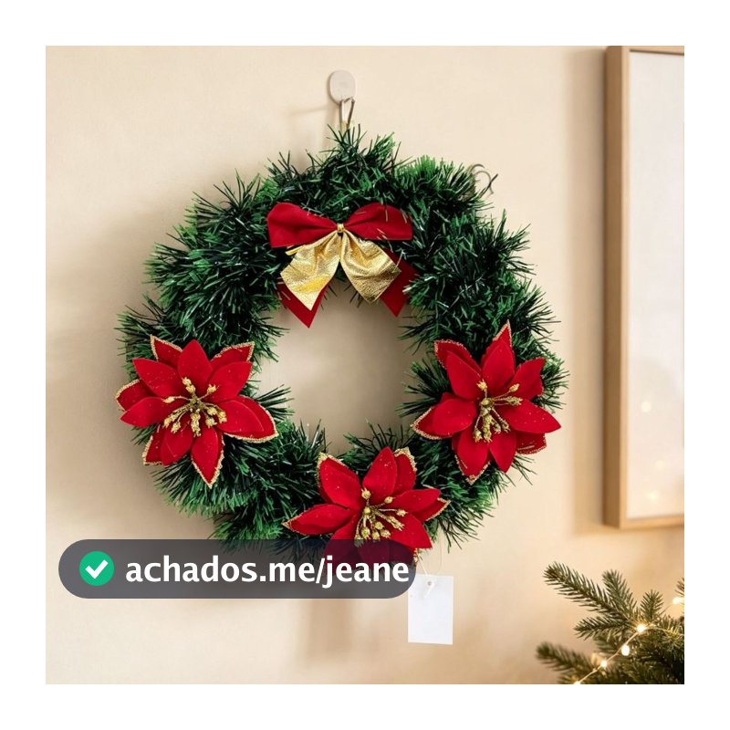 Guirlanda Festão Verde para porta com 3 FLOR 1 Laço Vermelho 25cm Enfeite de Natal Decoração Natalina
