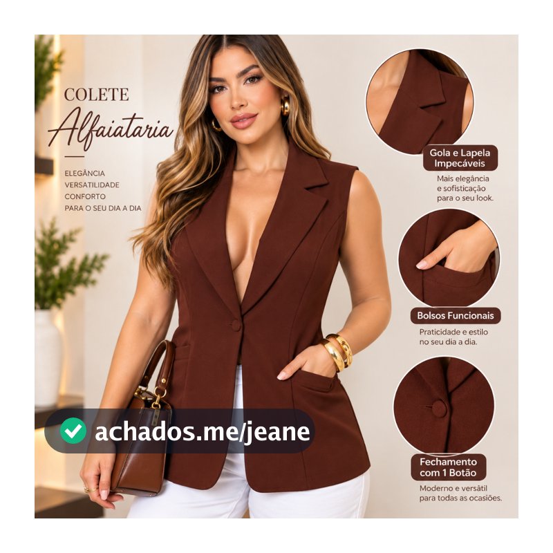 Colete Max Feminino, Tipo Blazer, Longo, Sem Manga Alfaiataria, Social,  Casual Elegante LooK, 2 Bolsos Funcionales