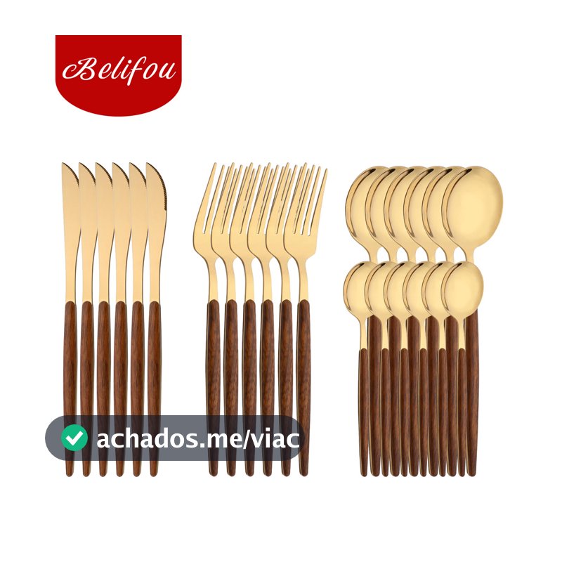 Belifou Kit 24 Jogo De Talheres Aço Inoxidável Ouro Alças De Madeira Alta polidez