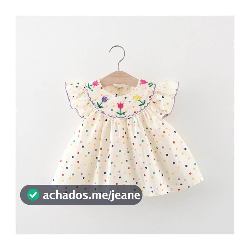 Vestido De Boneca De Verão Para Bebê Menina Com Pontos Coloridos E Bordado De Flores (0-3 Anos)