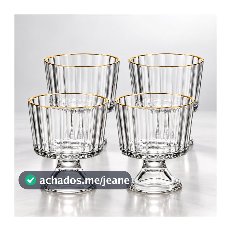 Jogo 4 Taças de Sobremesa Sorvete em Vidro C/ Borda Dourada 280ml - Alice