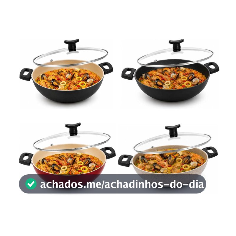 Frigideira Wok com Tampa 30cm Grande Alta Antiaderente Teflon de Vidro Caçarola paella paelleira
