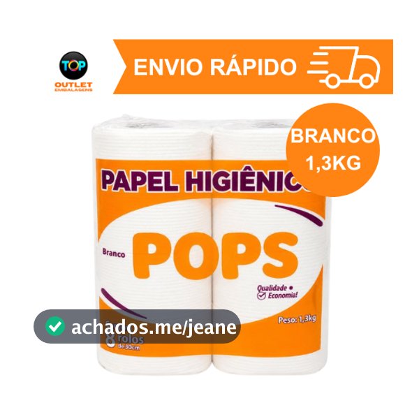 Papel Higiênico Rolão Pops Branco – Fardo com 8 Rolos, Alta Maciez e Resistência 1,3kg