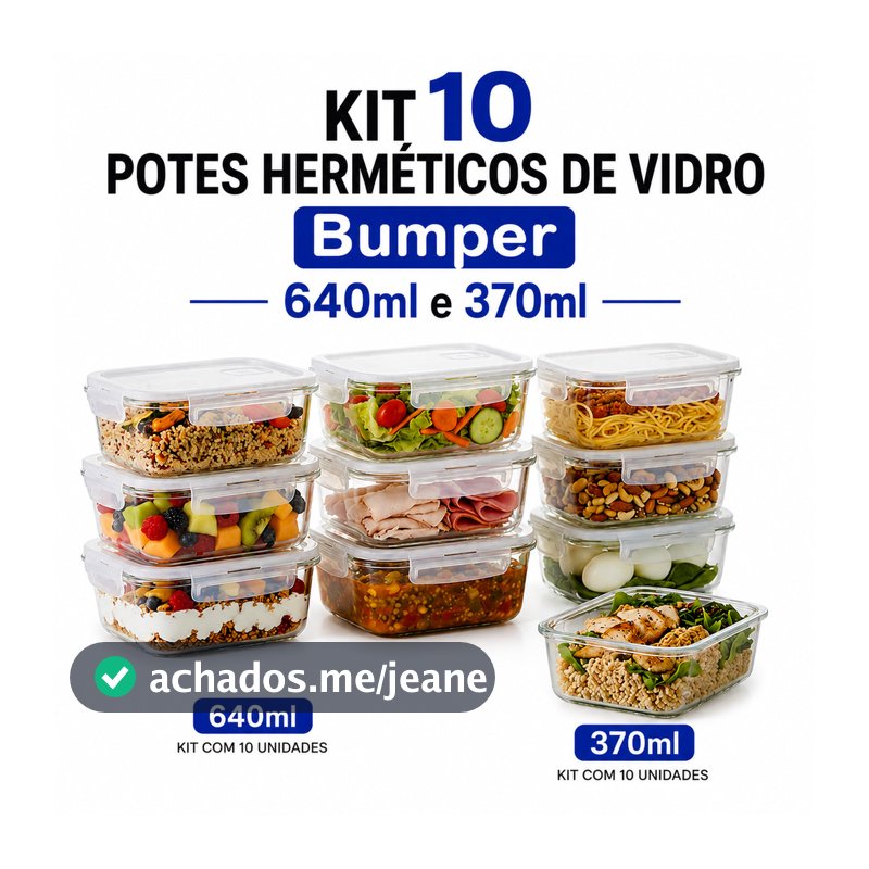 Kit 10 Pote de Vidro com Tampa Hermético Bumper 640ml e 370ml