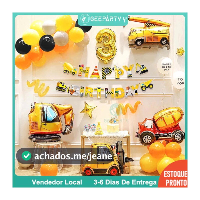GeeParty 51 Pçs Kit Decoração de Festa Tema Construção com Balões Laranja e Amarelo, Caminhão e Bandeira