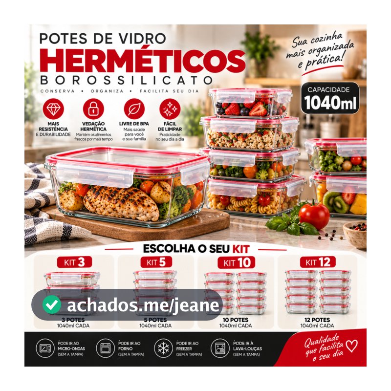 Pote Hermético Vidro Borossilicato 1040ml com Tampa Travas Kit 3 5 10 12 Potes Marmita para Alimentos Gratinado Freezer