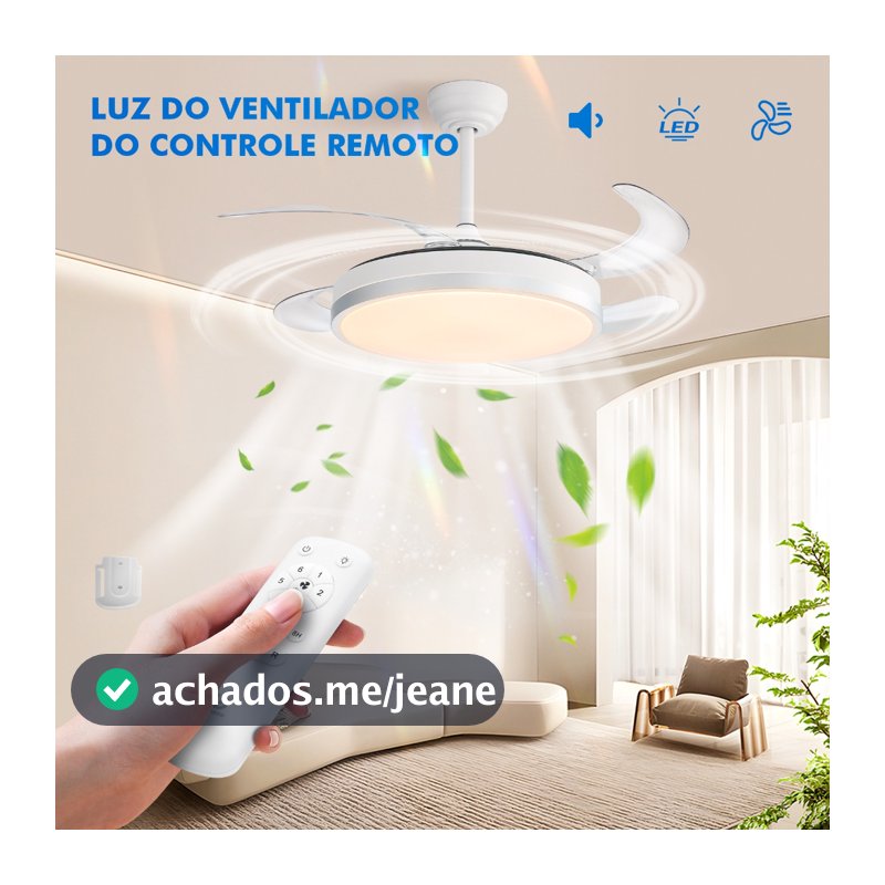 Ventilador de Teto 4 Pás Retráteis Ultra Silencioso LED Multicolor Moderno Spotline com Temporizador, Memória de Brilho