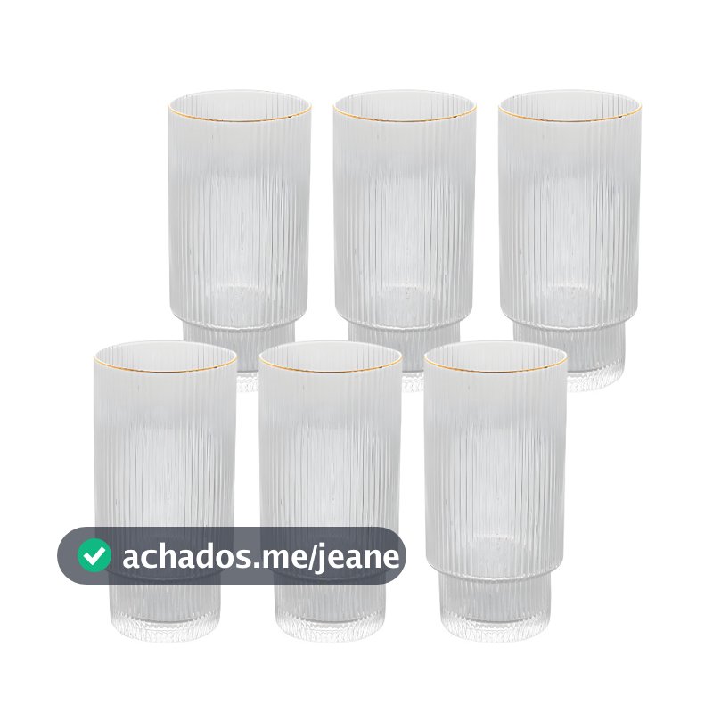 Jogo 6 Copos De Vidro Canelado Grafiatto Alto Borda Dourada Agua Suco 310mL