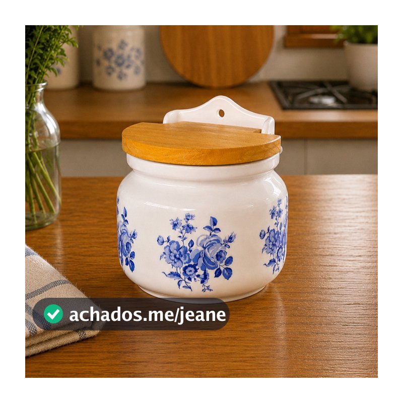 SALEIRO DE PORCELANA REDONDO - FLORAL AZUL (tampa de madeira e parafuso em inox)