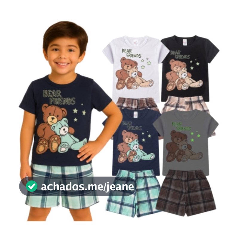 Pijama BRILHA NO ESCURO Infantil Menino Verão Bear Friends - Hey Kids