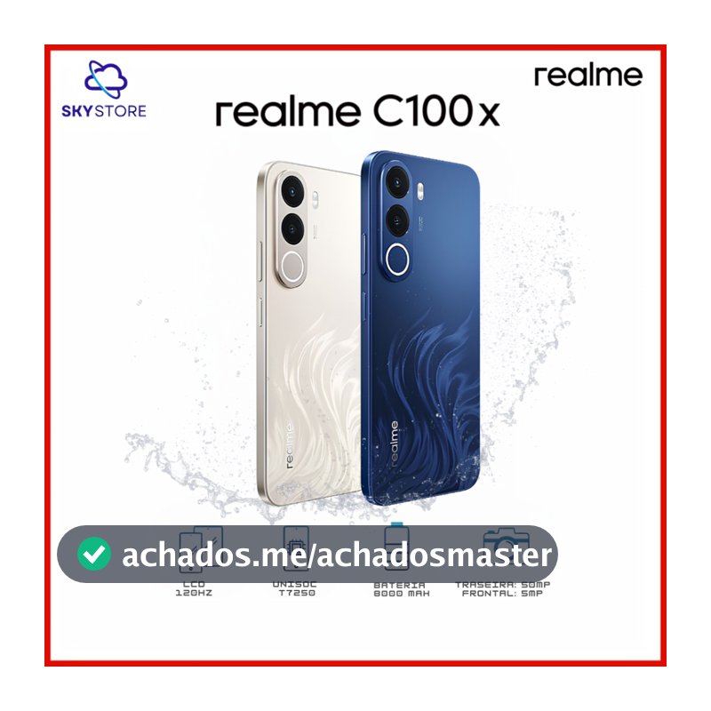 Realme C100x 4G, Versão Global, 128/256GB + 4/8GB RAM, Processador Unisoc T7250, NFC, Câmera 50MP, Bateria 8000mAh