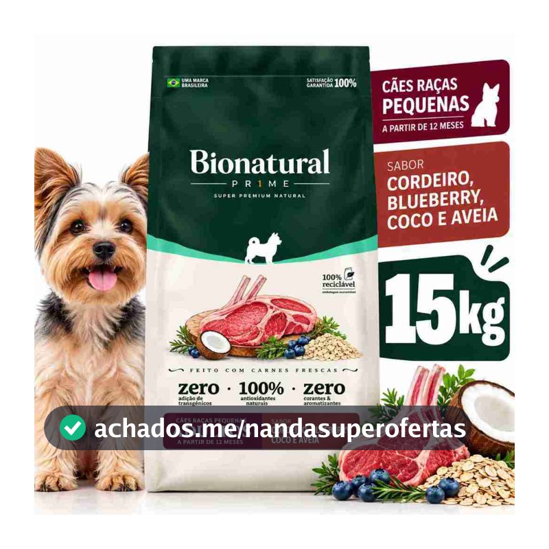 Ração Bionatural Prime Cães Adultos Raças Pequenas Cordeiro Blueberry Coco e Aveia 15kg Super Premium Natural