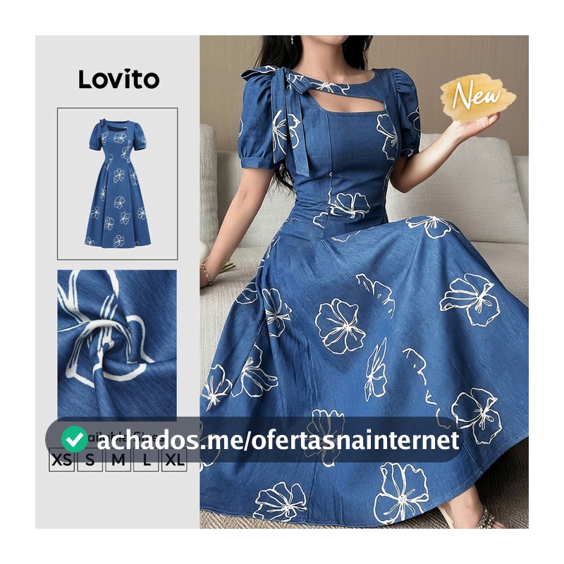 (New Arrival) Lovito Vestido Azul Feminino Floral Recortado Drapeado Longo evasê primavera/verão Trabalho DRB204P1D401