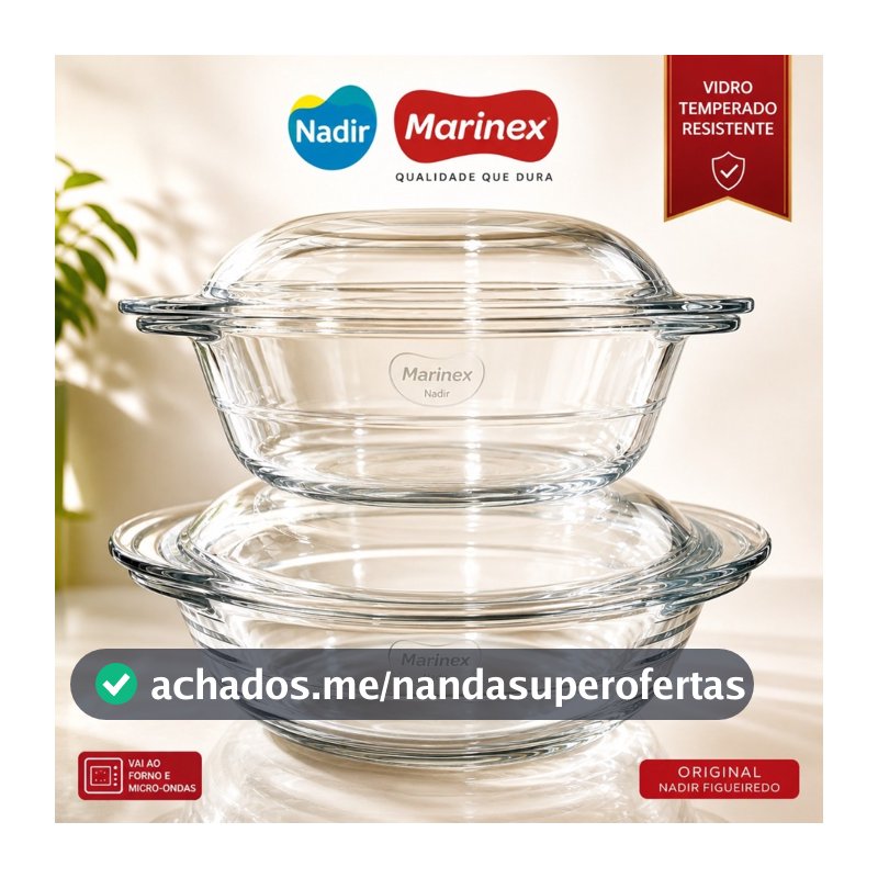 Kit 2 Travessas Marinex Vidro Temperado com Tampa Assadeira Refratário Redonda Forno 2,3L e 2,8L