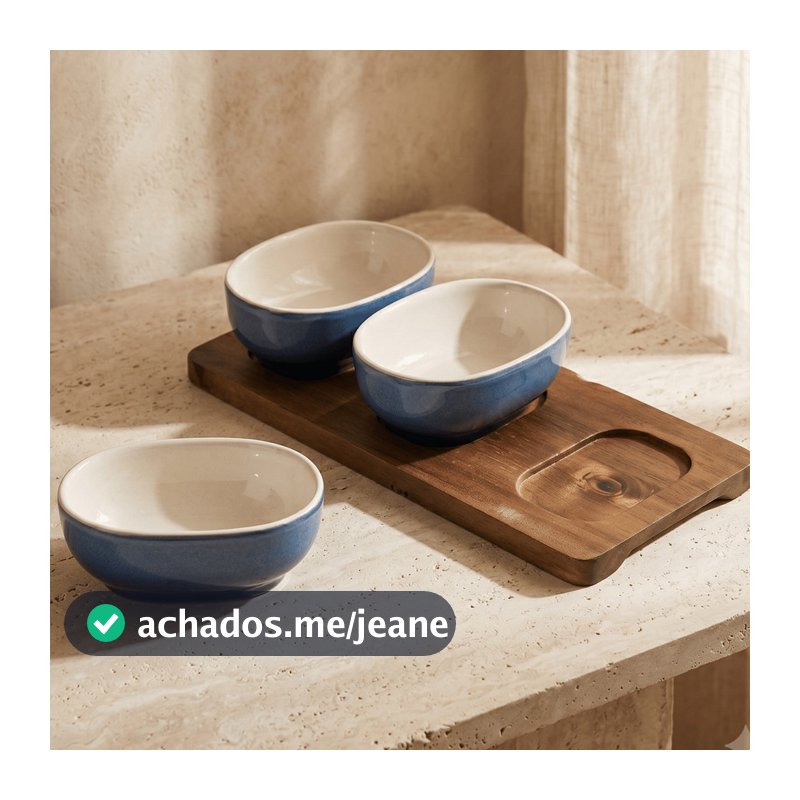 Petisqueira Cerâmica Azul com Tábua Madeira 3 Bowl Removíveis 24cm Jogo Servir Luxo Molheira Gourmet